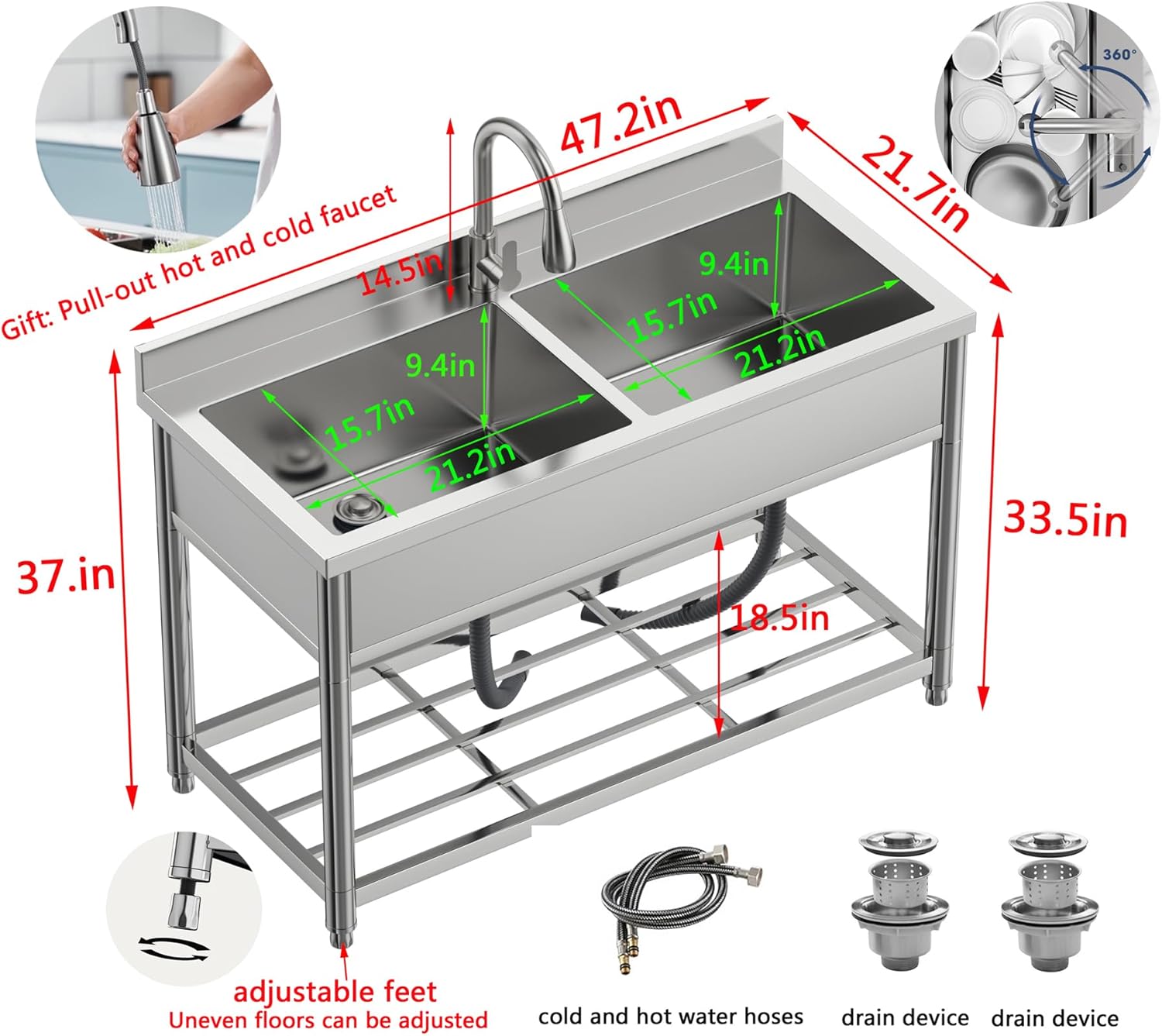 Garvee Freestanding Stainless Steel Utility Sink with Single Bowl for Kitchen, Garage and Laundry