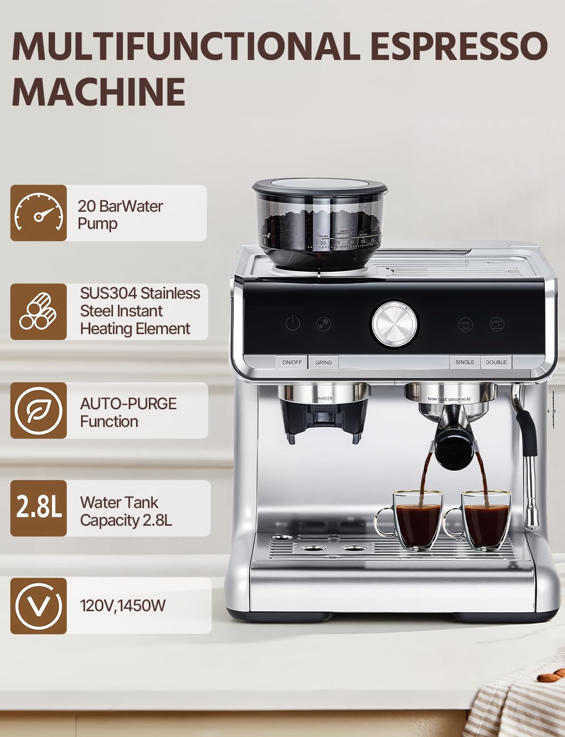 GARVEE Bean to Cup Espresso Machine Professional Coffee Maker with Integrated Grinder and Milk Frother